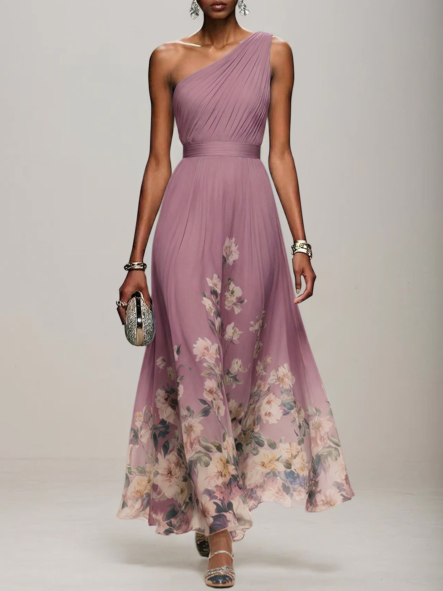 Light Blue Floral Chiffon One Shoulder Sleeveless A-Line Maxi Dress Gown