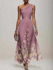 Light Blue Floral Chiffon One Shoulder Sleeveless A-Line Maxi Dress Gown
