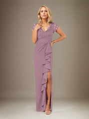 Sheath/Column V Neck Short Sleeve Floor Length Chiffon Dress With Cascading Ruffles