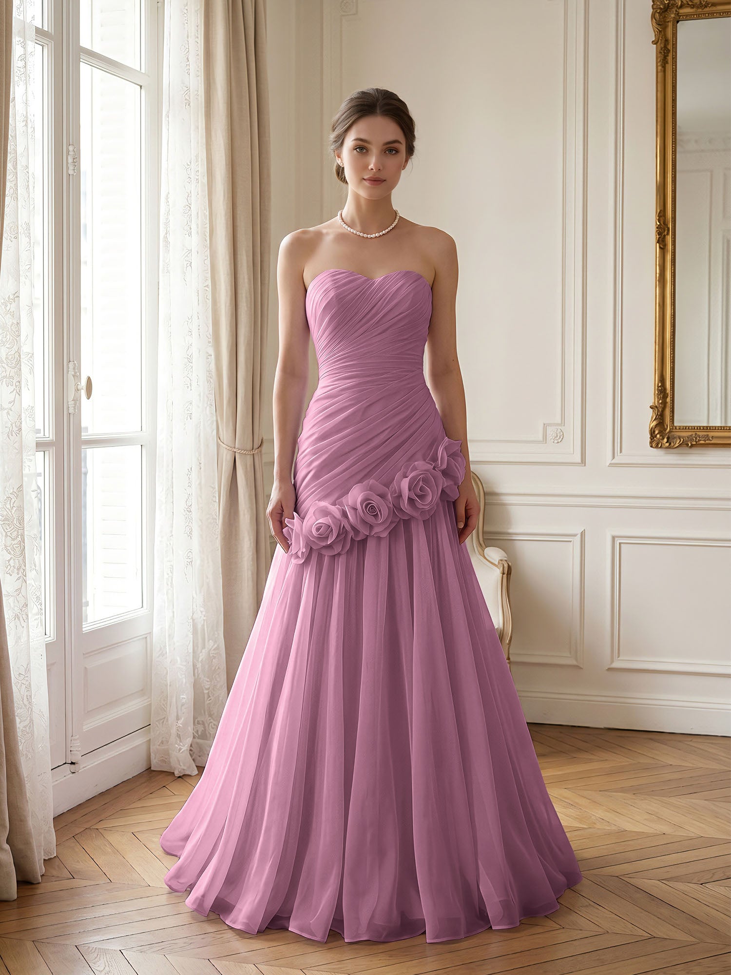 Lilac 3D Rosette Strapless Chiffon Evening Formal Gown Wedding Guest Dress