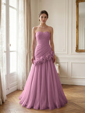 Lilac 3D Rosette Strapless Chiffon Evening Formal Gown Wedding Guest Dress