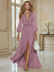 Elegant Beige Chiffon V-neck With Rhinestone Embellishments And A Side Slit Maxi Dress