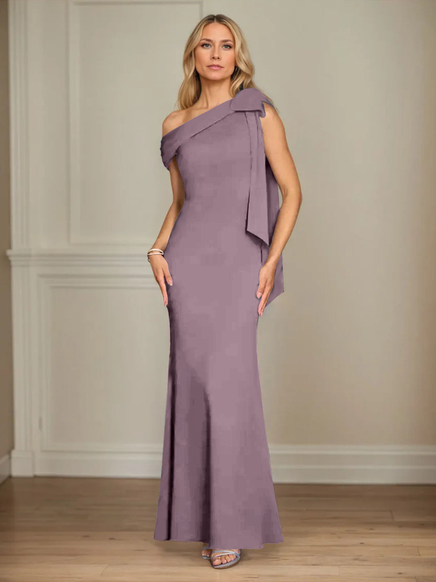 Mermaid One Shoulder Sleeveless Stretch Crepe Mother of the Bride Dress With Bow