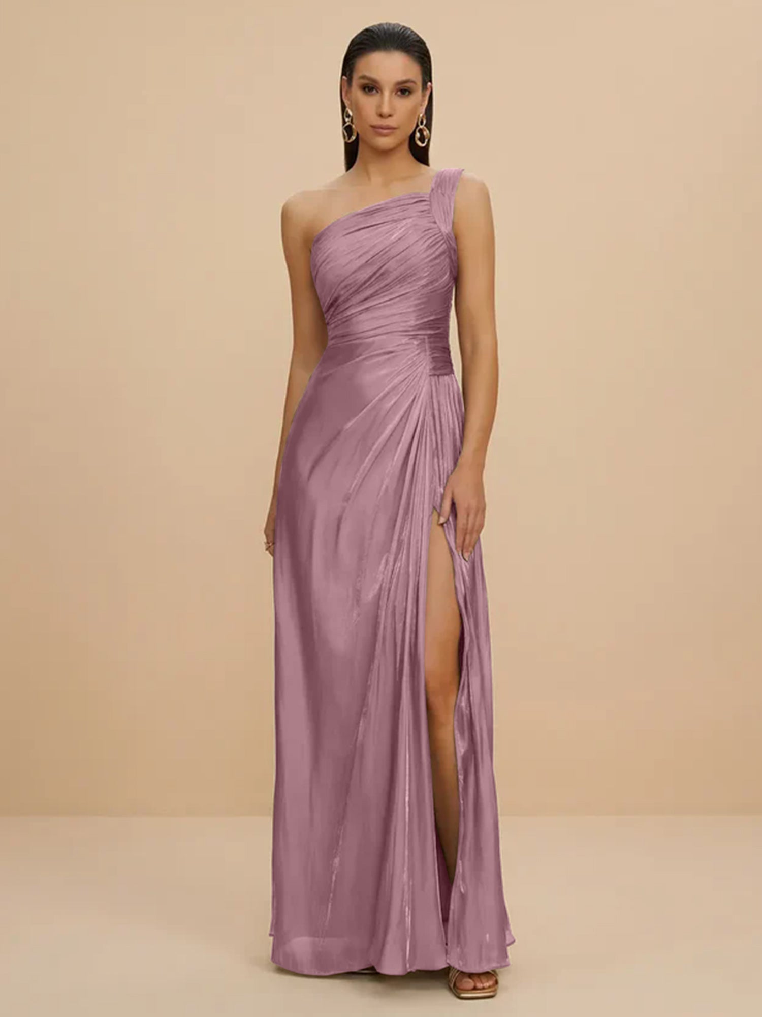 Forma Dress One Shoulder Metallic Pleated Evening Gown with High Slit