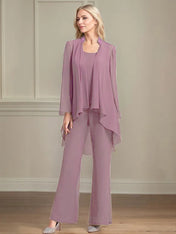 Chiffon Scoop Neck Long Sleeves Floor Length Mother Of The Bride Pantsuits
