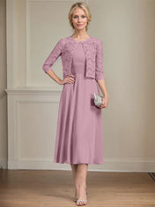 A-line Scoop Tea-Length Chiffon Mother of the Bride Dress With Pleated