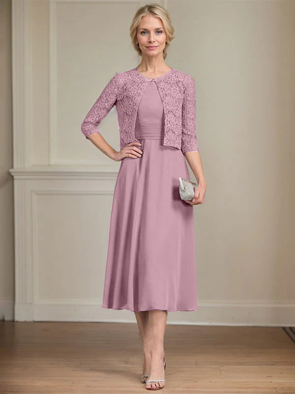 A-line Scoop Tea-Length Chiffon Mother of the Bride Dress With Pleated