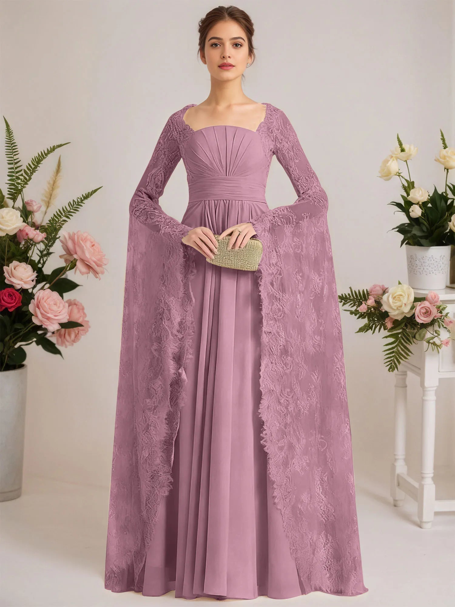 A-line Square Floor-Length Chiffon Lace Evening Dress With Beading Pleated