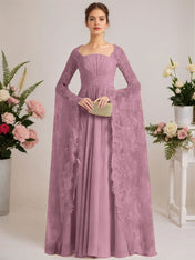 A-line Square Floor-Length Chiffon Lace Evening Dress With Beading Pleated