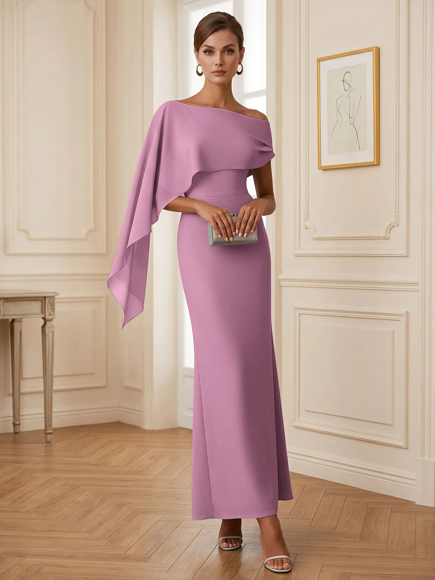 Elegant Mint Green One-Shoulder Chiffon Mermaid Formal Evening Dress with Cape and Ruffles
