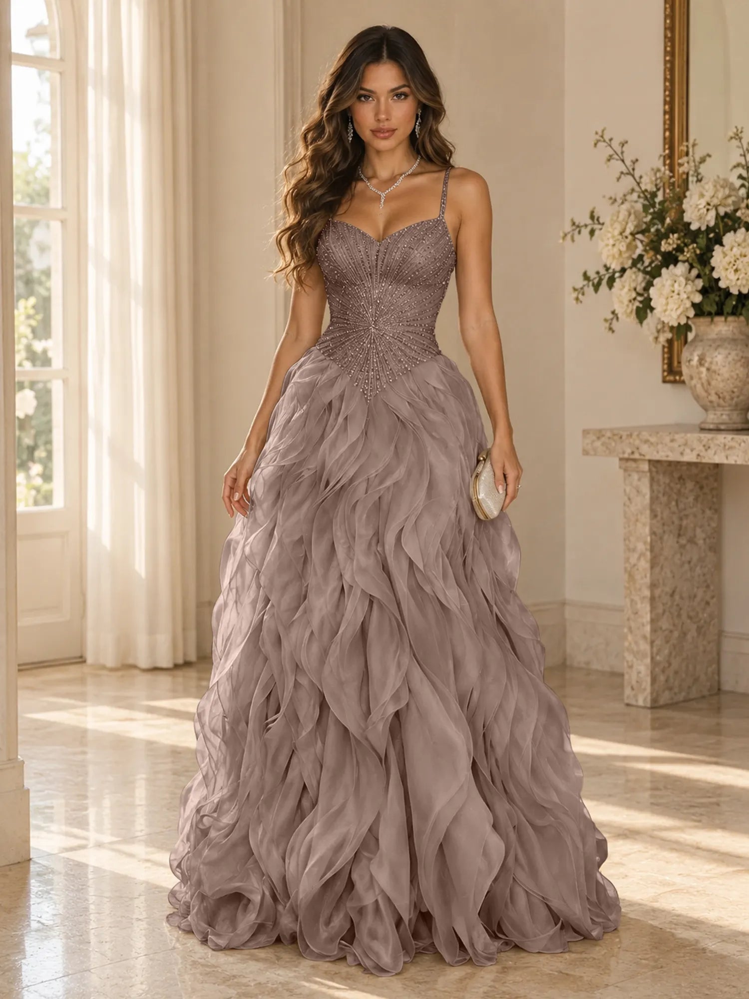 Elegant Beaded Spaghetti Strap Tiered Ruffle Ball Gown Evening Dress