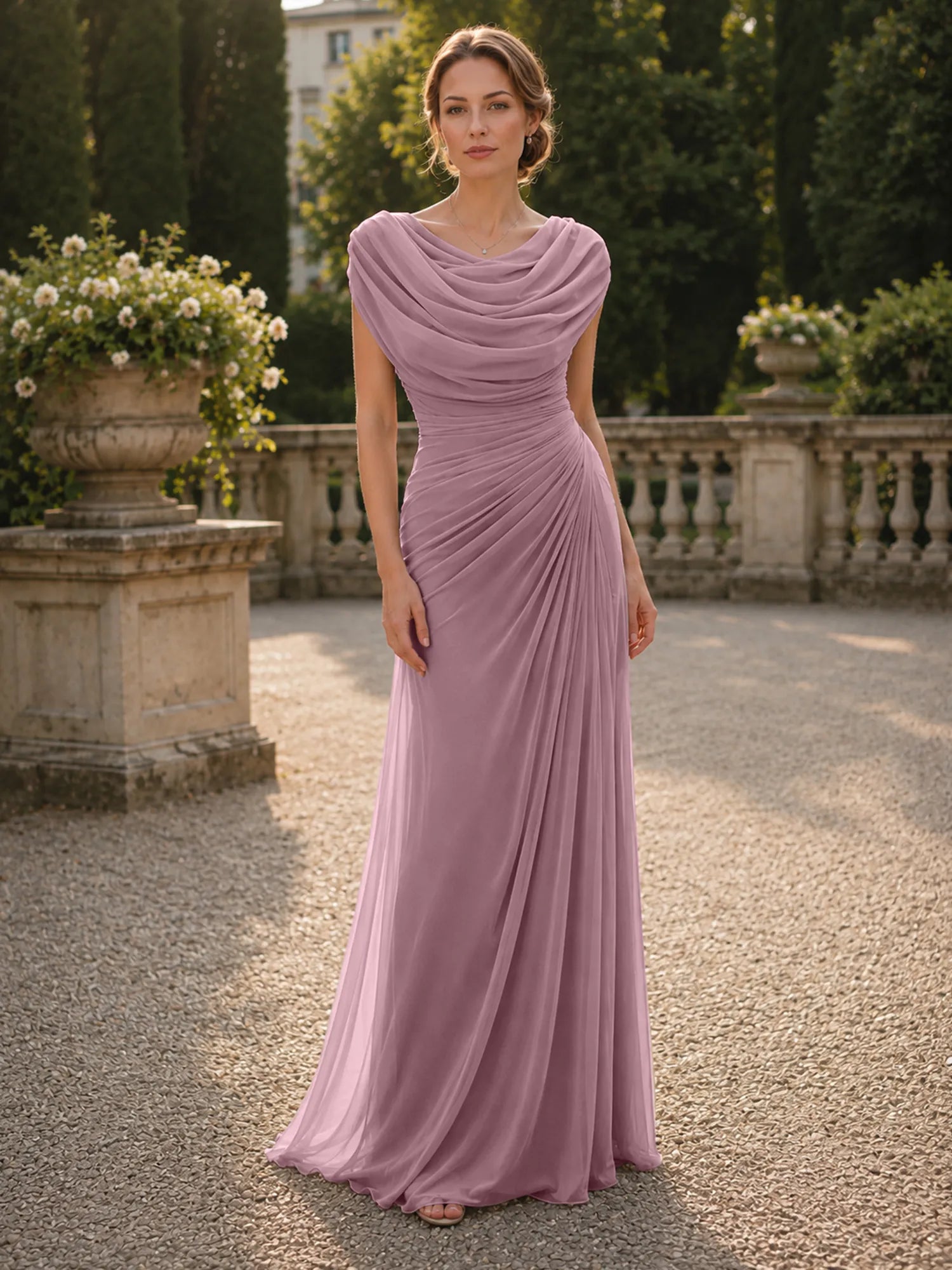 Cowl Neck Mermaid Evening Dresses with Flowing Floor-Length Skirt