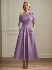 A Line Satin One Shoulder Pleated Ankle Length Mother of the Bride Dress