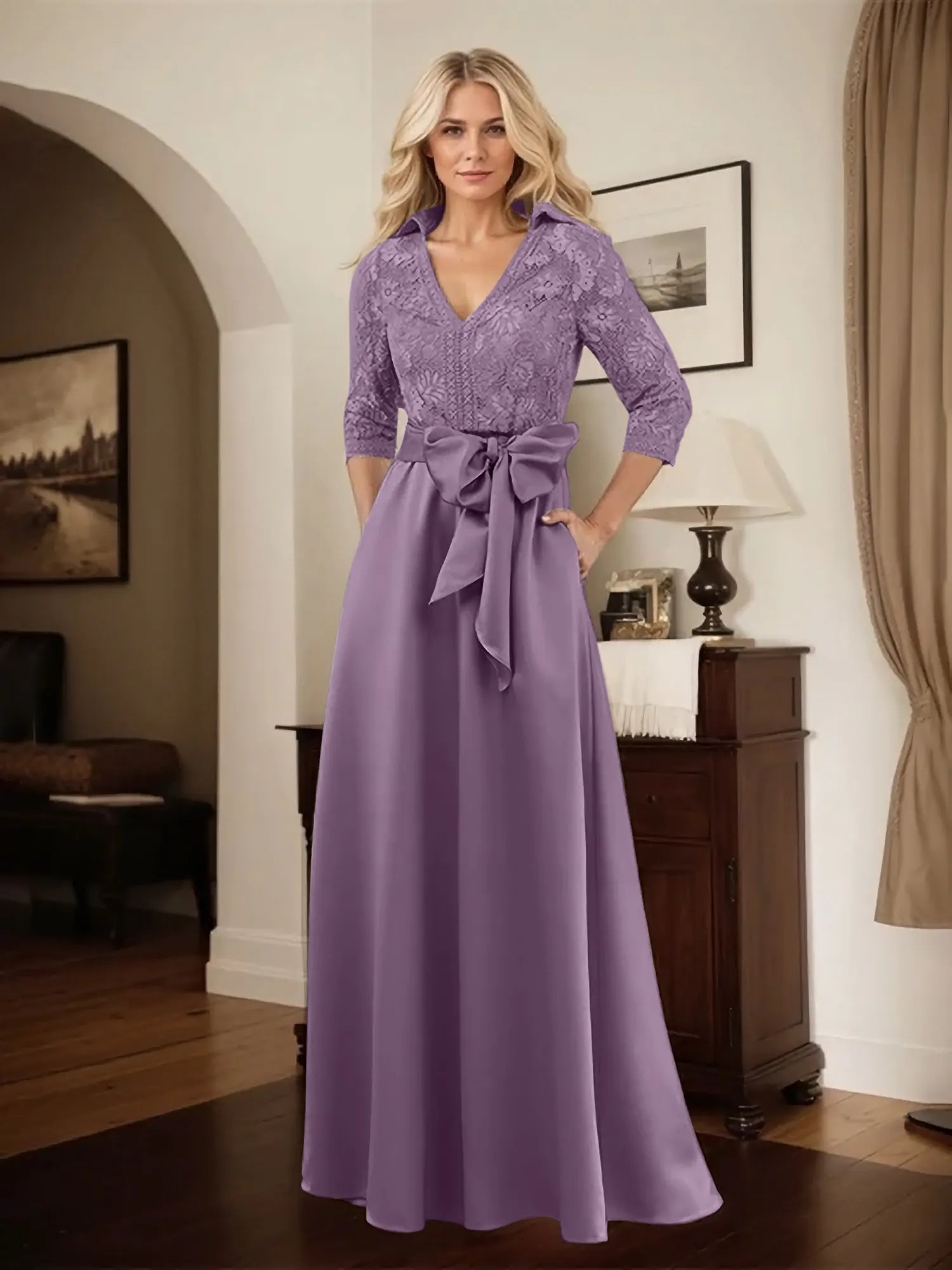 Classic V-Neck Bow Accented Satin Mother Of The Bride Dress With Lace