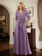 Classic V-Neck Bow Accented Satin Mother Of The Bride Dress With Lace