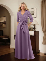 Classic V-Neck Bow Accented Satin Mother Of The Bride Dress With Lace