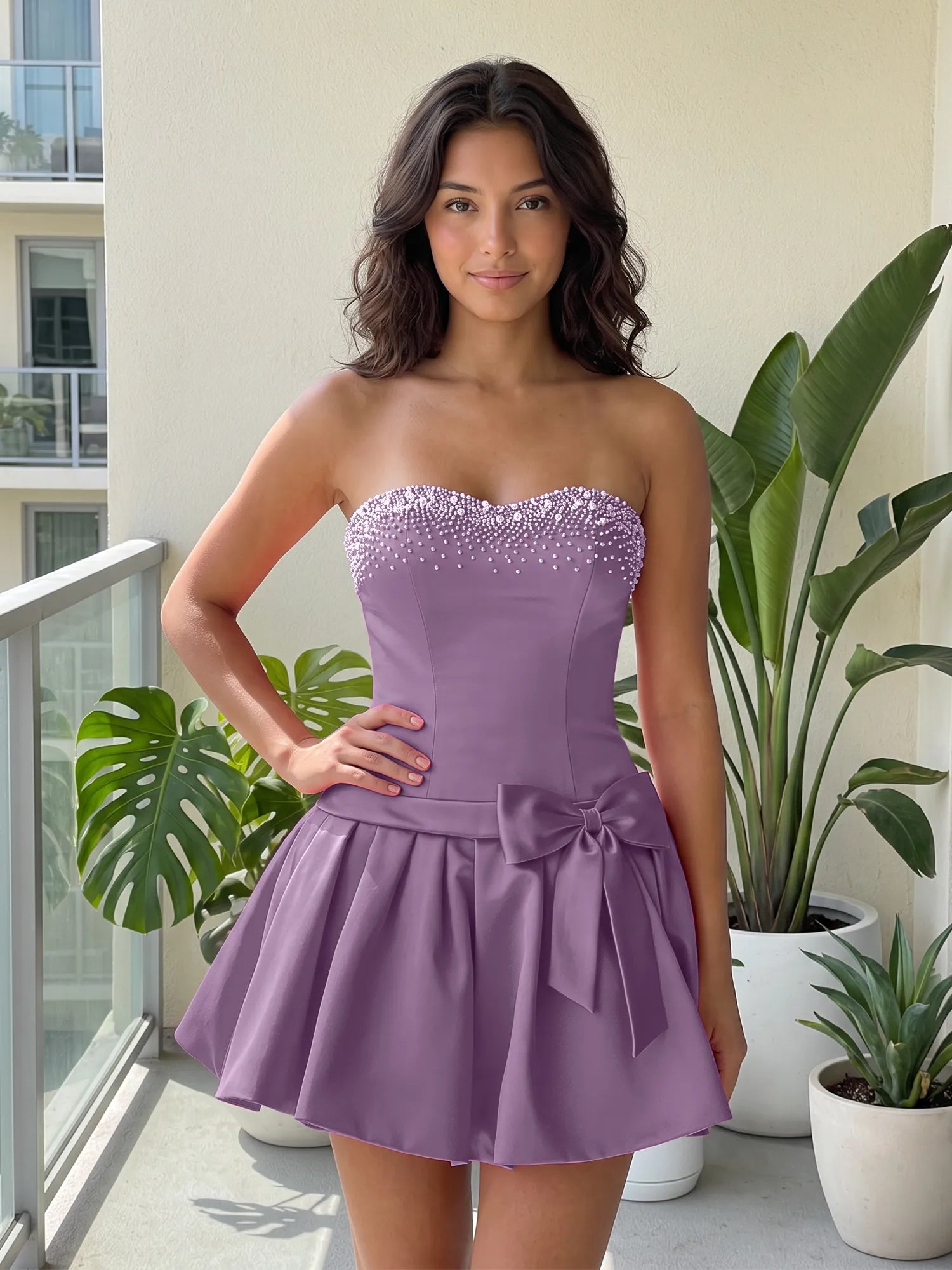Fuchsia Pearl Corset Short Homecoming Dresses Large Waist Bow Lace Up Back