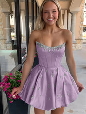 Sparkly Satin A Line Short Corset Homecoming Dress with Rhinestones
