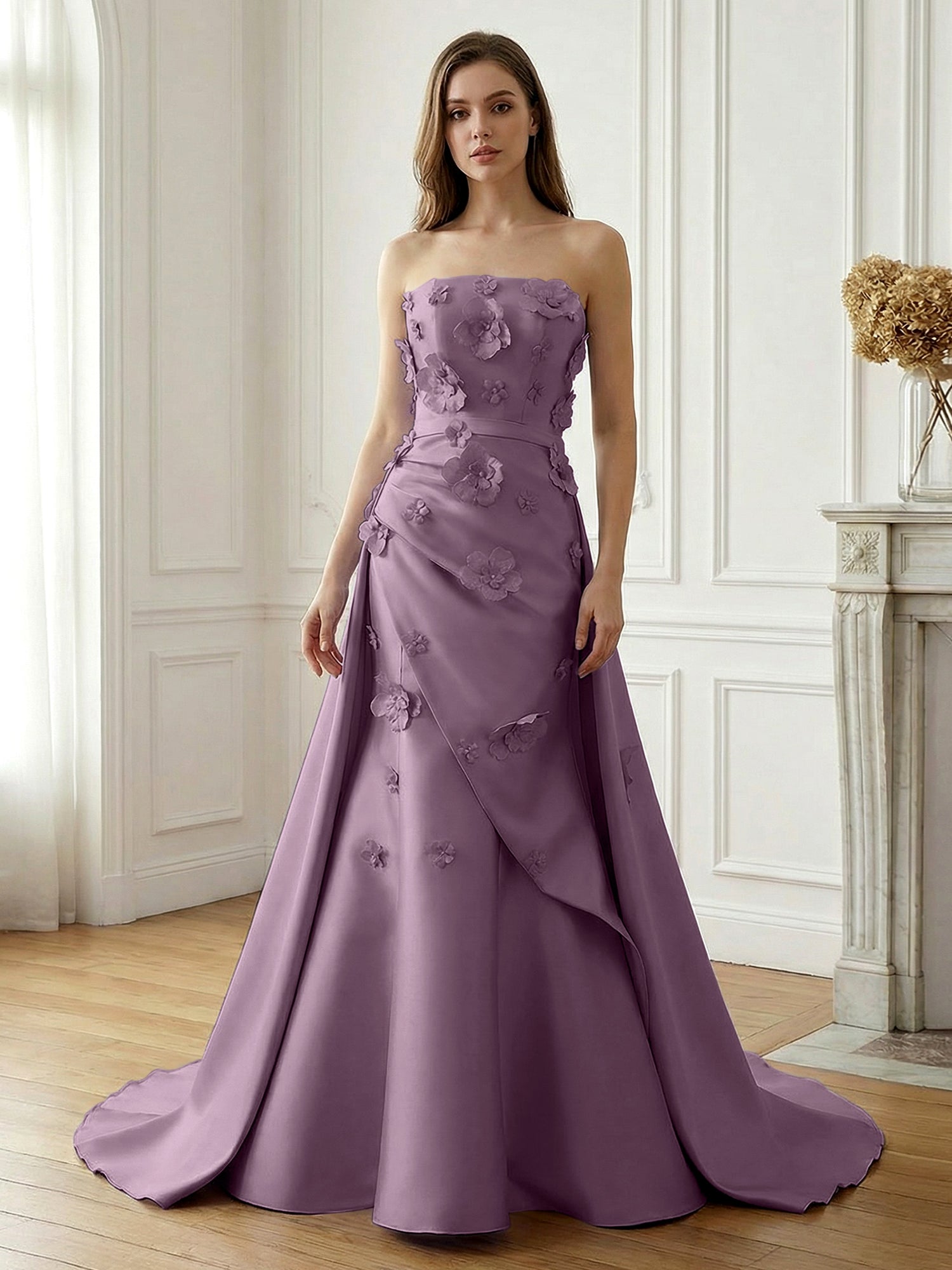 Lavender Satin 3D Floral Strapless A-Line Gown