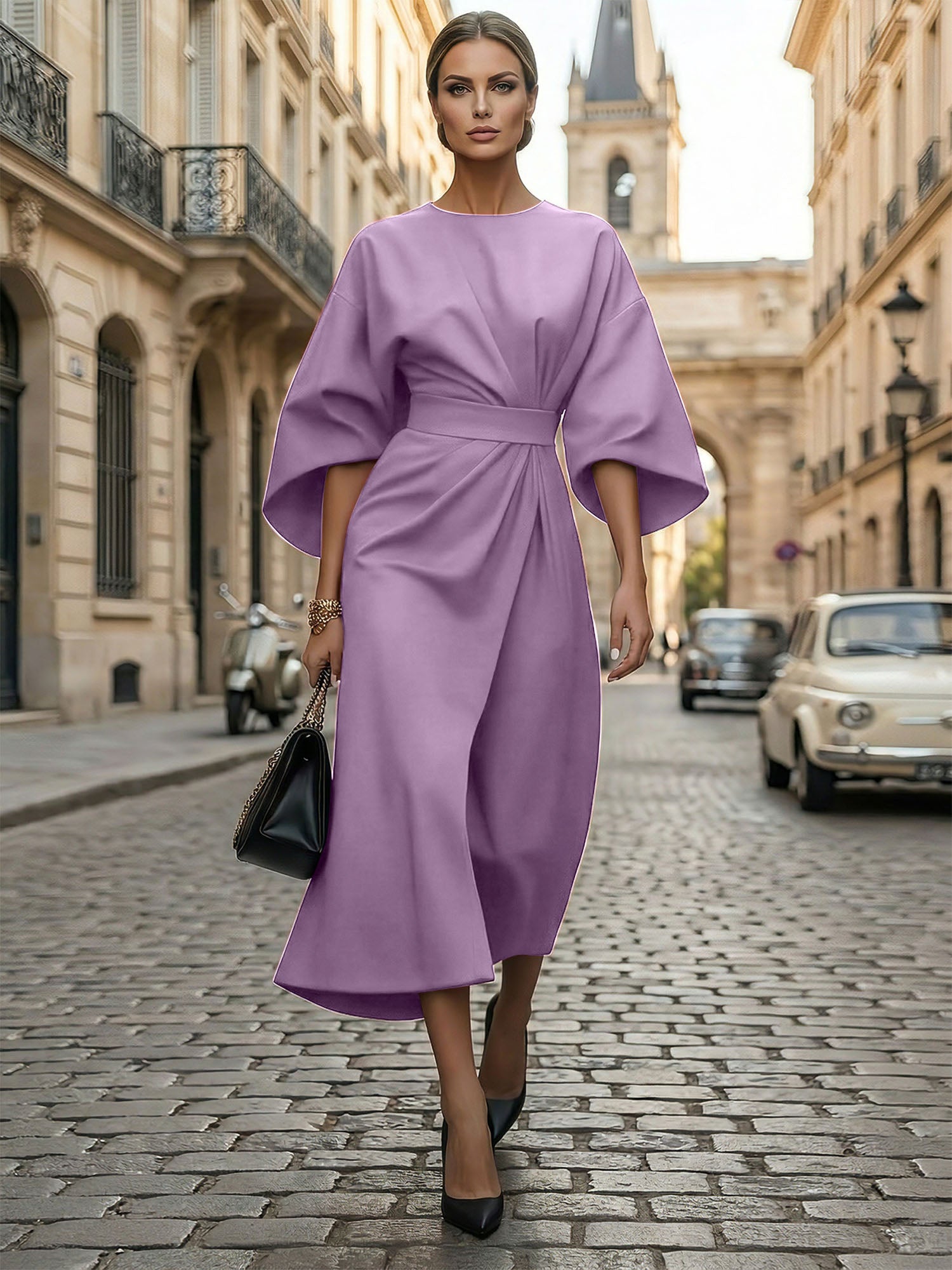 Loose Batwing Sleeve Dress Tight Waist Solid Color Elegant Dresses