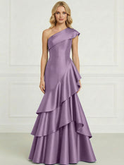 Formal Evening Dress Dark Blue One-Shoulder Satin Tiered Maxi Gown