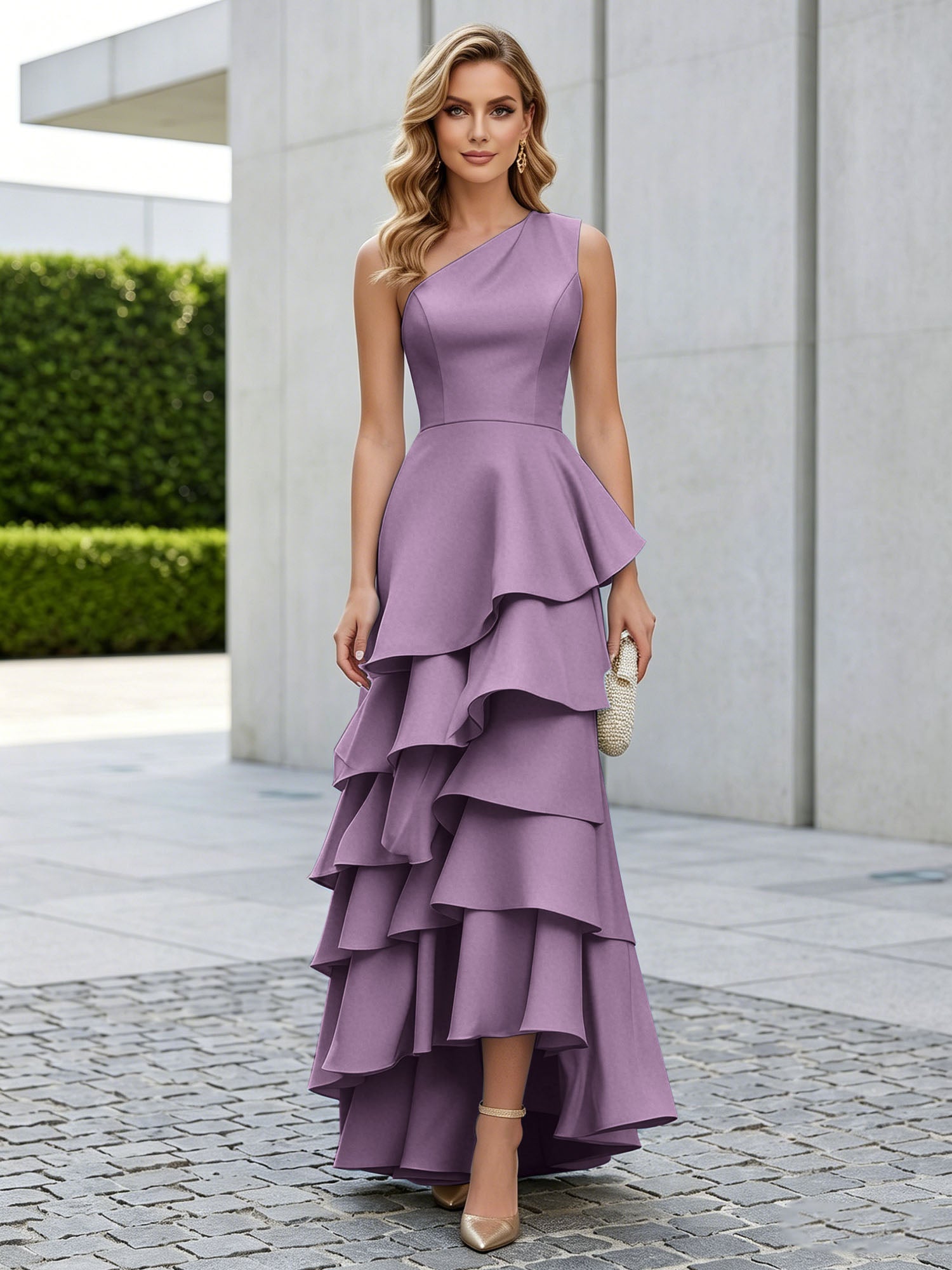 One Shoulder Tiered Ruffle Satin Mermaid Evening Gown with Sculptural Layers