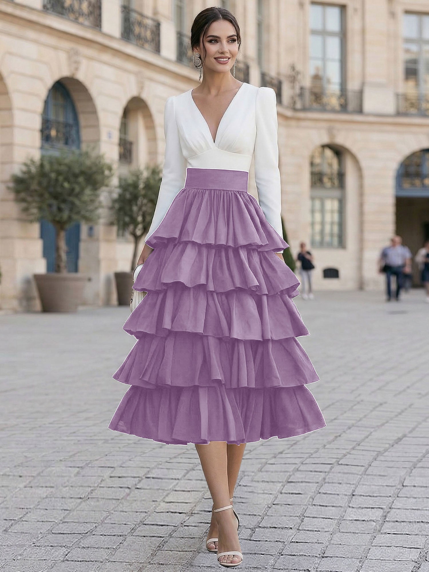 Chic Formal Evening Gown Monochrome V-Neck Tiered Ruffle Midi Dress