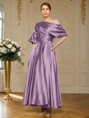 A-line Short Sleeves Pleated Ankle-Length Silk like Satin Mother of the Bride Dress