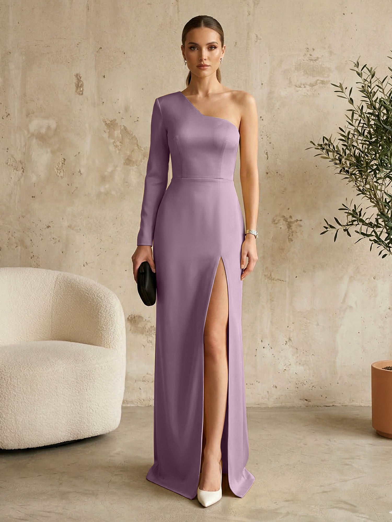 Long Sleeves Black One Shoulder Formal Dress Evening Gown