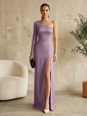 Long Sleeves Black One Shoulder Formal Dress Evening Gown