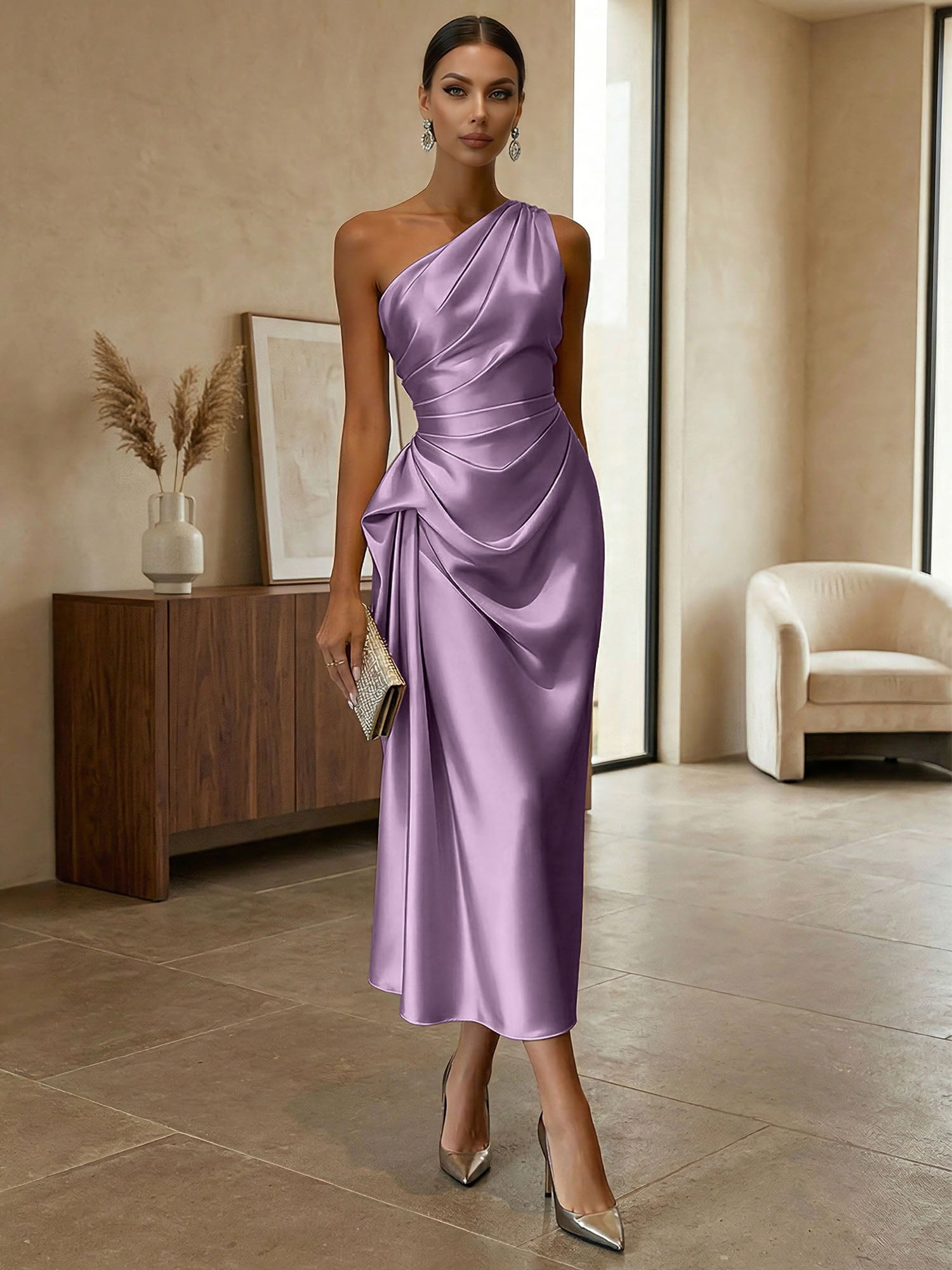 Champagne Ruched Satin One Shoulder Sleeveless Sheath Midi Dress