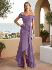 Off the Shoulder Pleat Satin High Low Mermaid Evening Dresses for Women