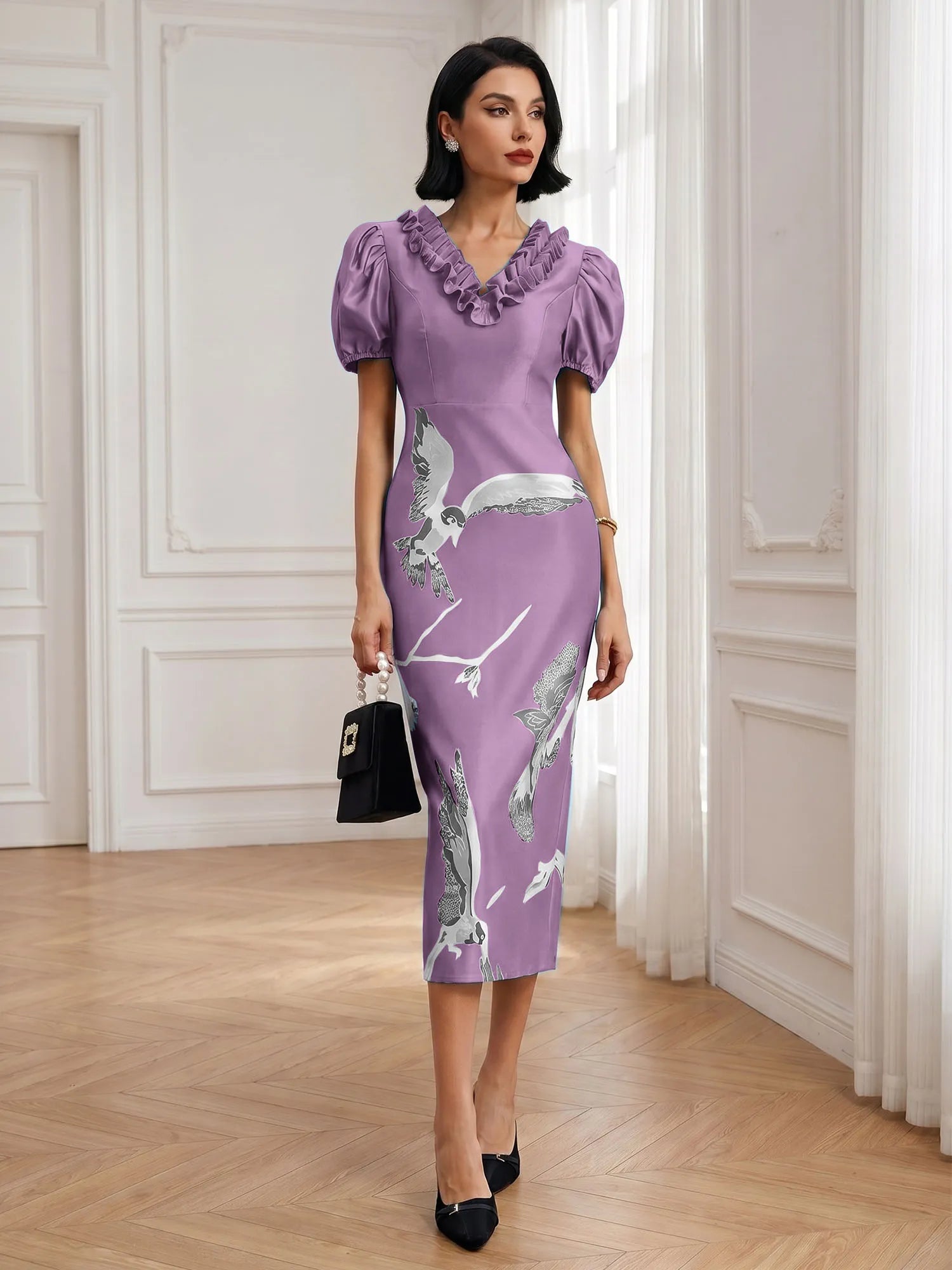 Black Folds V Neck Puff Sleeve Midi Sheath Dress