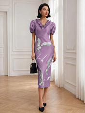 Black Folds V Neck Puff Sleeve Midi Sheath Dress