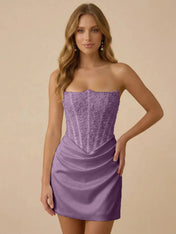 White Strapless Sequin Beaded Satin Short Homecoming Dress with Corset