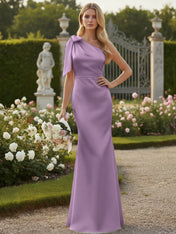 Light Blue One Shoulder Satin Sheath Long Bridesmaid Dresses