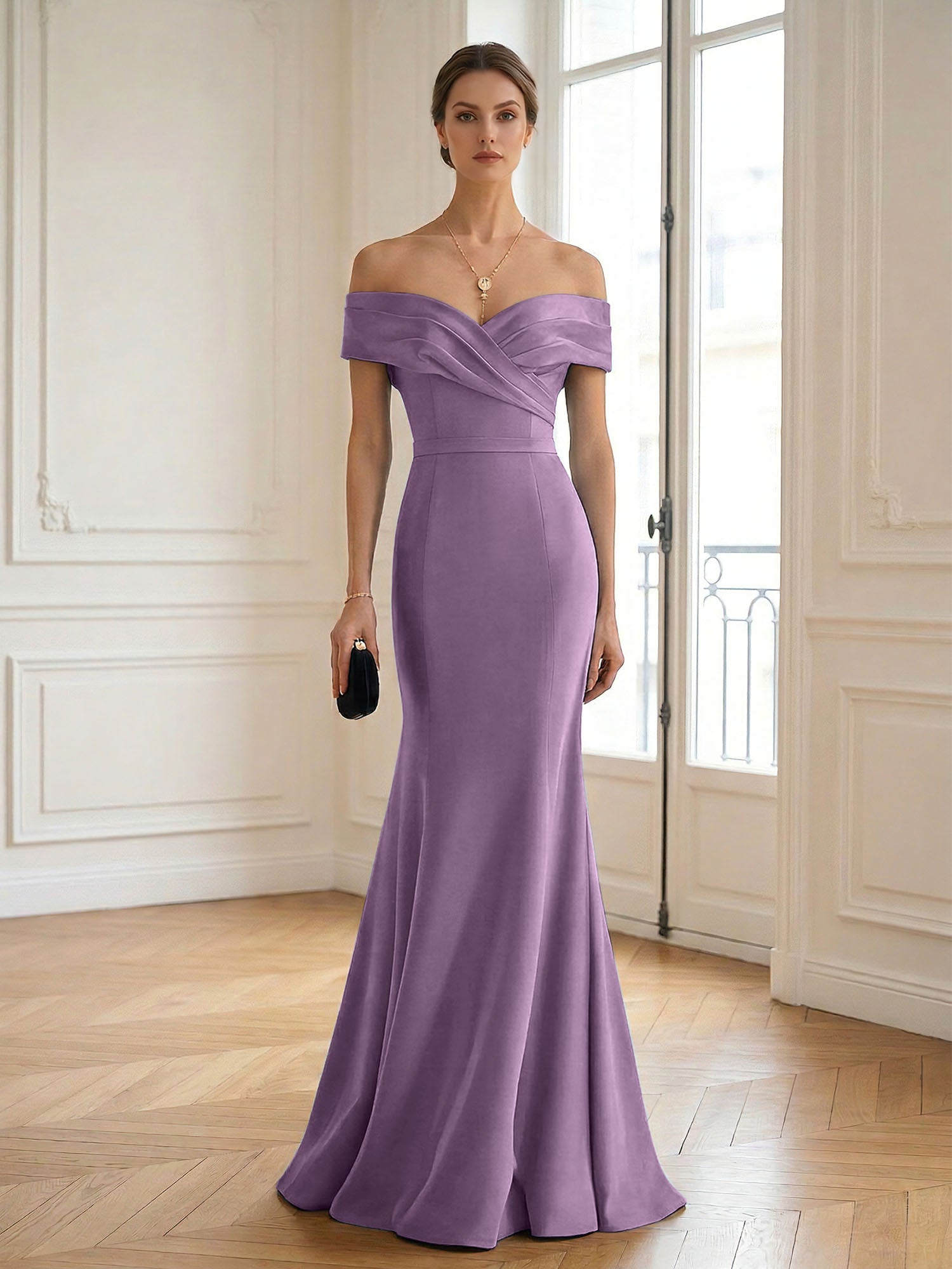Formal Wedding Guest Dress Navy Off Shoulder Maxi Mermaid Dress