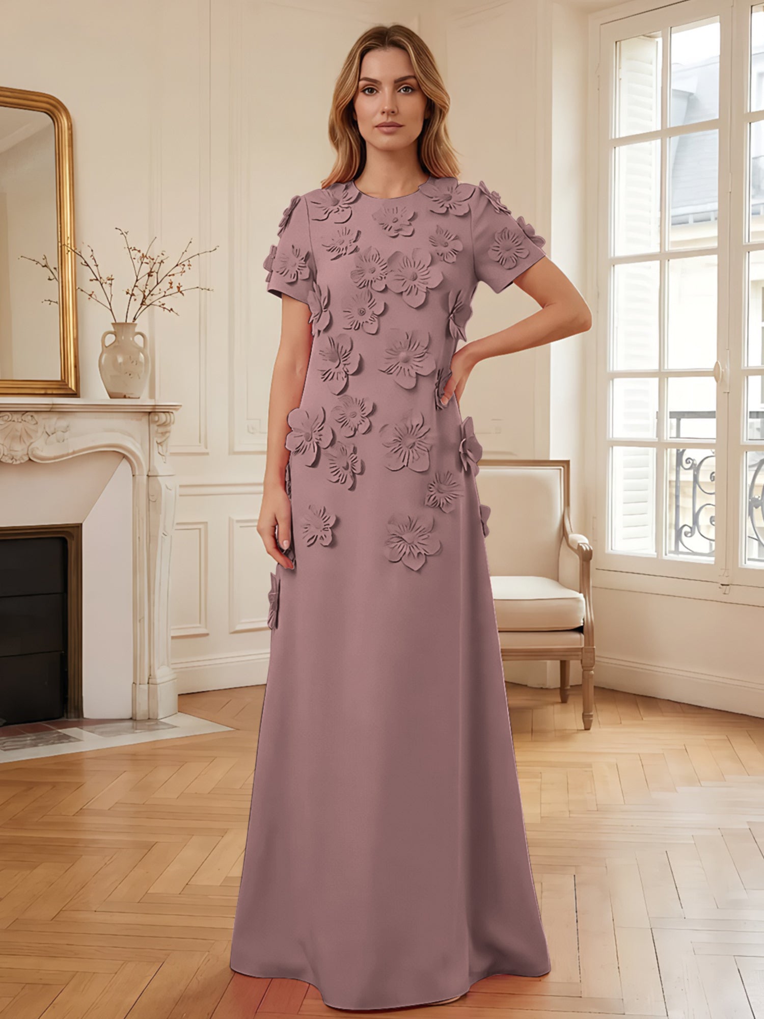 Short Sleeve Crew Neck A-Line Gown with 3D Floral Appliques Evening Dresses