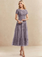 A-line Scoop Tea-Length Tulle Lace Mother of the Bride Dress