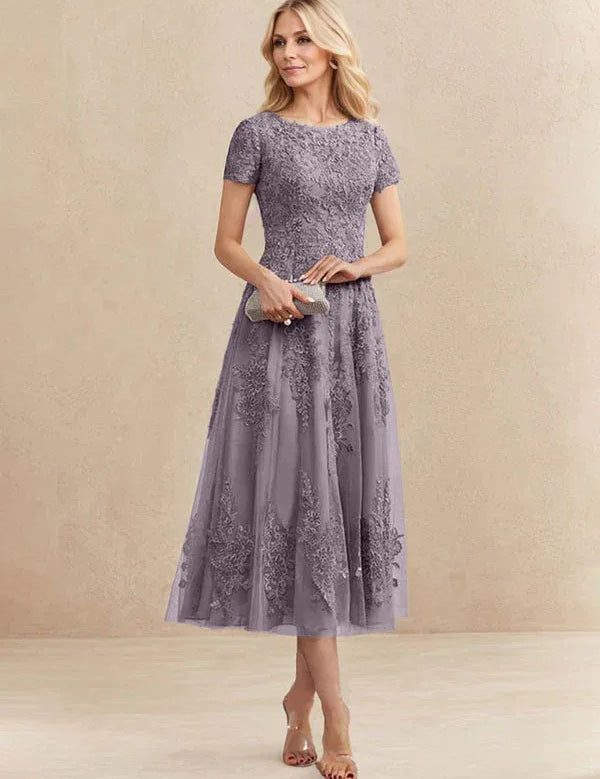A-line Scoop Tea-Length Tulle Lace Mother of the Bride Dress