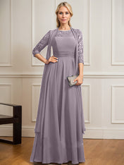 A-line Scoop Illusion Floor-Length Lace Chiffon Mother of the Bride Dress With Pleated