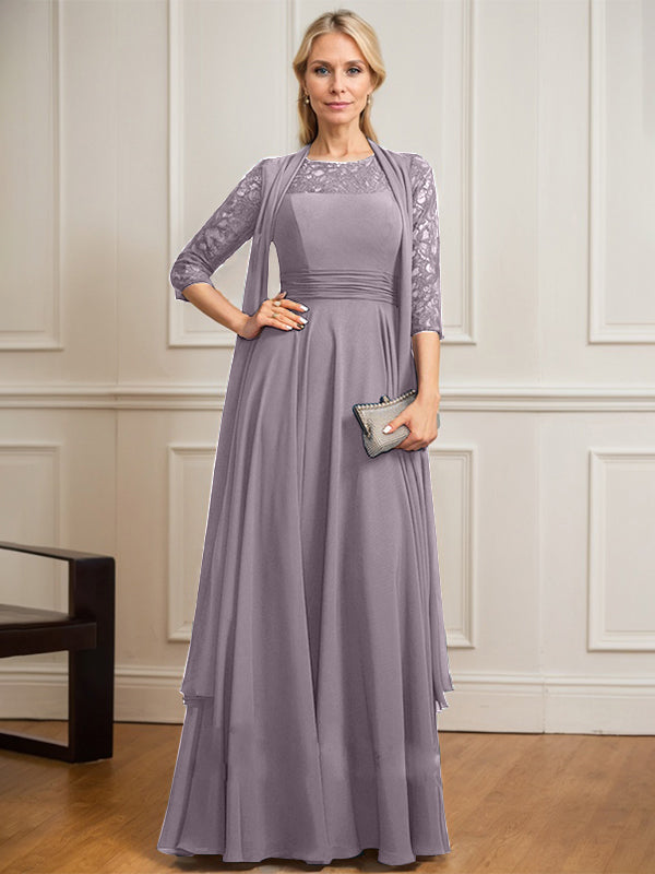 A-line Scoop Illusion Floor-Length Lace Chiffon Mother of the Bride Dress With Pleated
