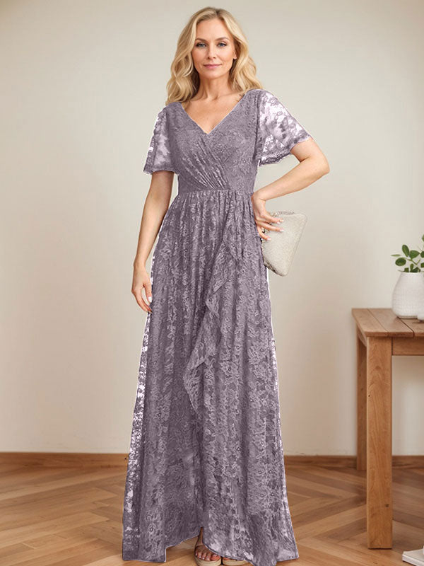 A-Line V-Neck Asymmetrical Lace Mother of the Bride Dress With Cascading Ruffles