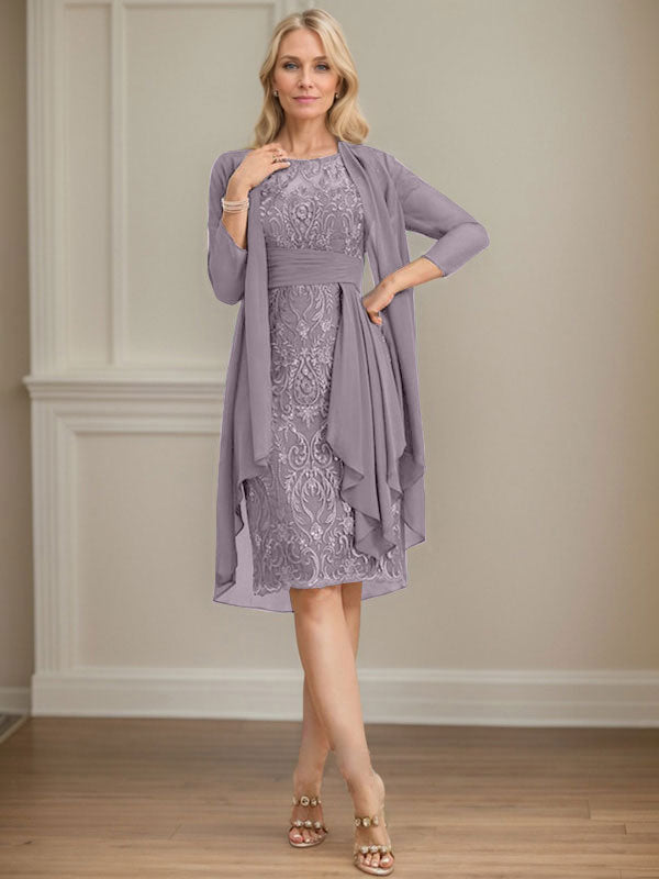 Column Scoop Illusion Knee-Length Lace Chiffon Mother of the Bride Dress With Cascading Ruffles Sequins