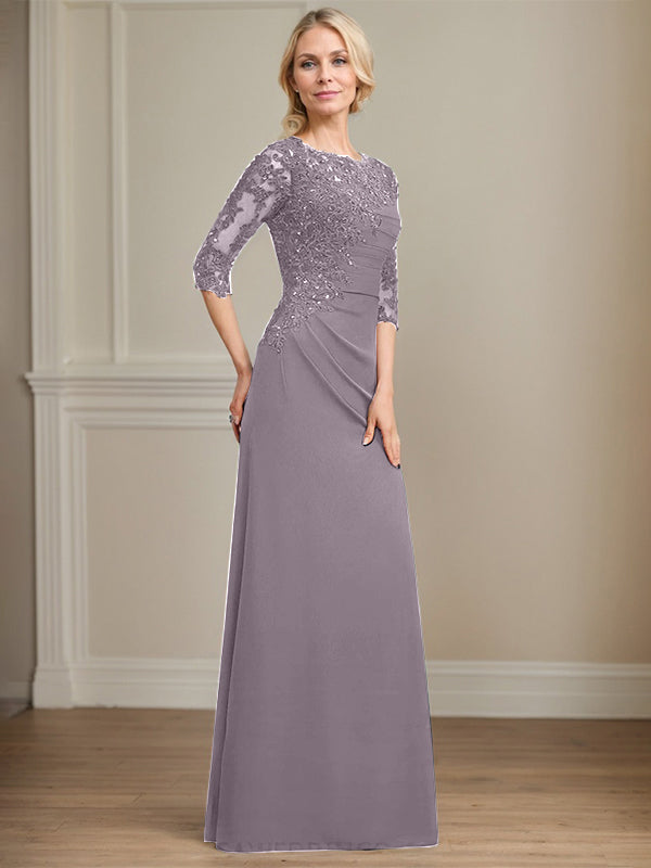 A-line Scoop Floor-Length Chiffon Lace Mother of the Bride Dress With Beading Pleated Sequins