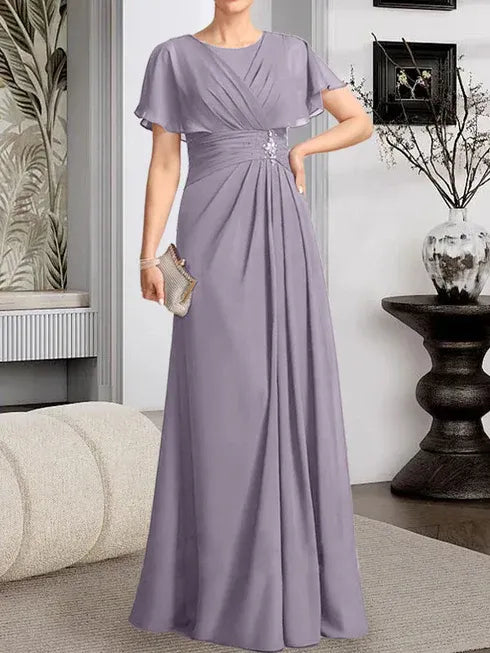 A-line Scoop Floor-Length Chiffon Mother of the Bride Dress With Pleated Beading