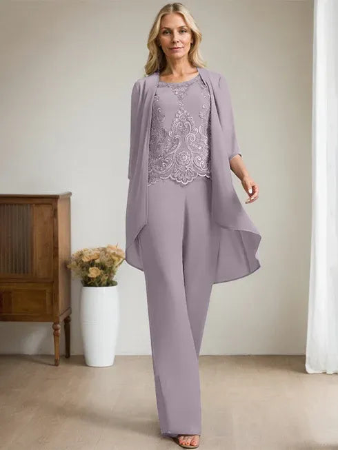 Pantsuit Scoop Floor-Length Chiffon Lace Mother of the Bride Dress With Beading Sequins
