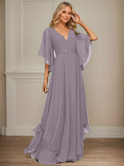 A-line V-Neck Floor-Length Chiffon Mother of the Bride Dress With Sequins Appliques Lace Beading