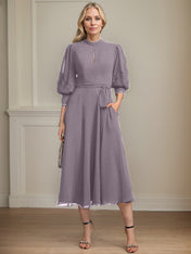 A-line High Neck Tea-Length Lace Chiffon Mother of the Bride Dress With Bow