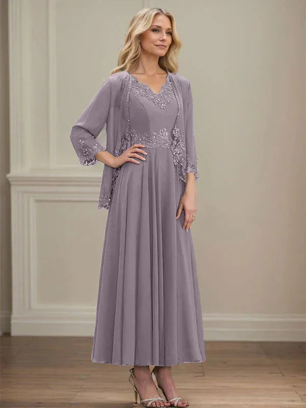 Robe de mère de la mariée trapèze en mousseline de soie, col en V, longueur cheville, avec appliques à paillettes et perles en dentelle 